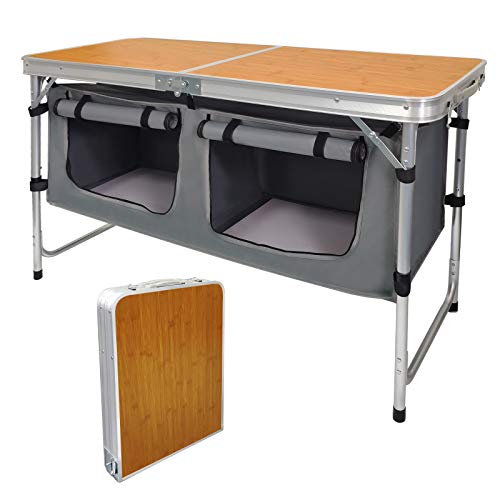 Height-Adjustable Aluminum Folding Camping Table with Storage