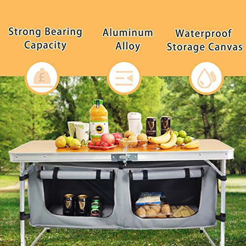 Height-Adjustable Aluminum Folding Camping Table with Storage