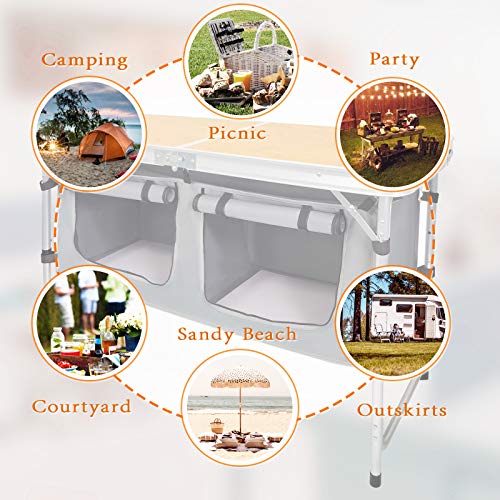 Height-Adjustable Aluminum Folding Camping Table with Storage