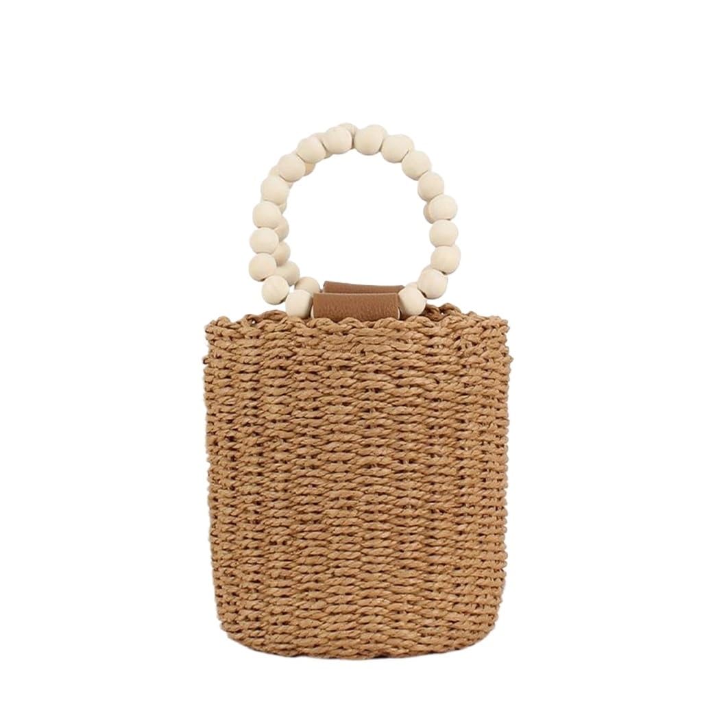 Wooden Bead Drawstring Bucket Beach Bag