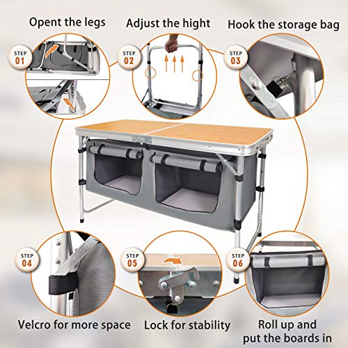 Height-Adjustable Aluminum Folding Camping Table with Storage