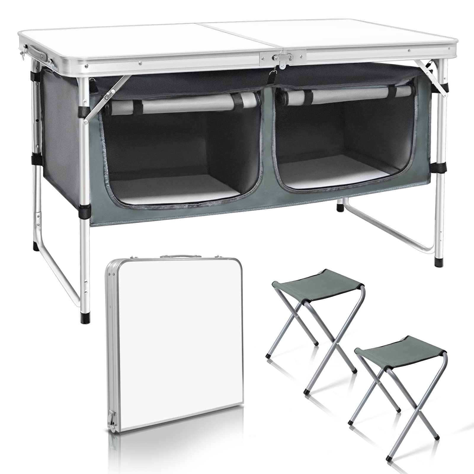 Height-Adjustable Aluminum Folding Camping Table with Storage