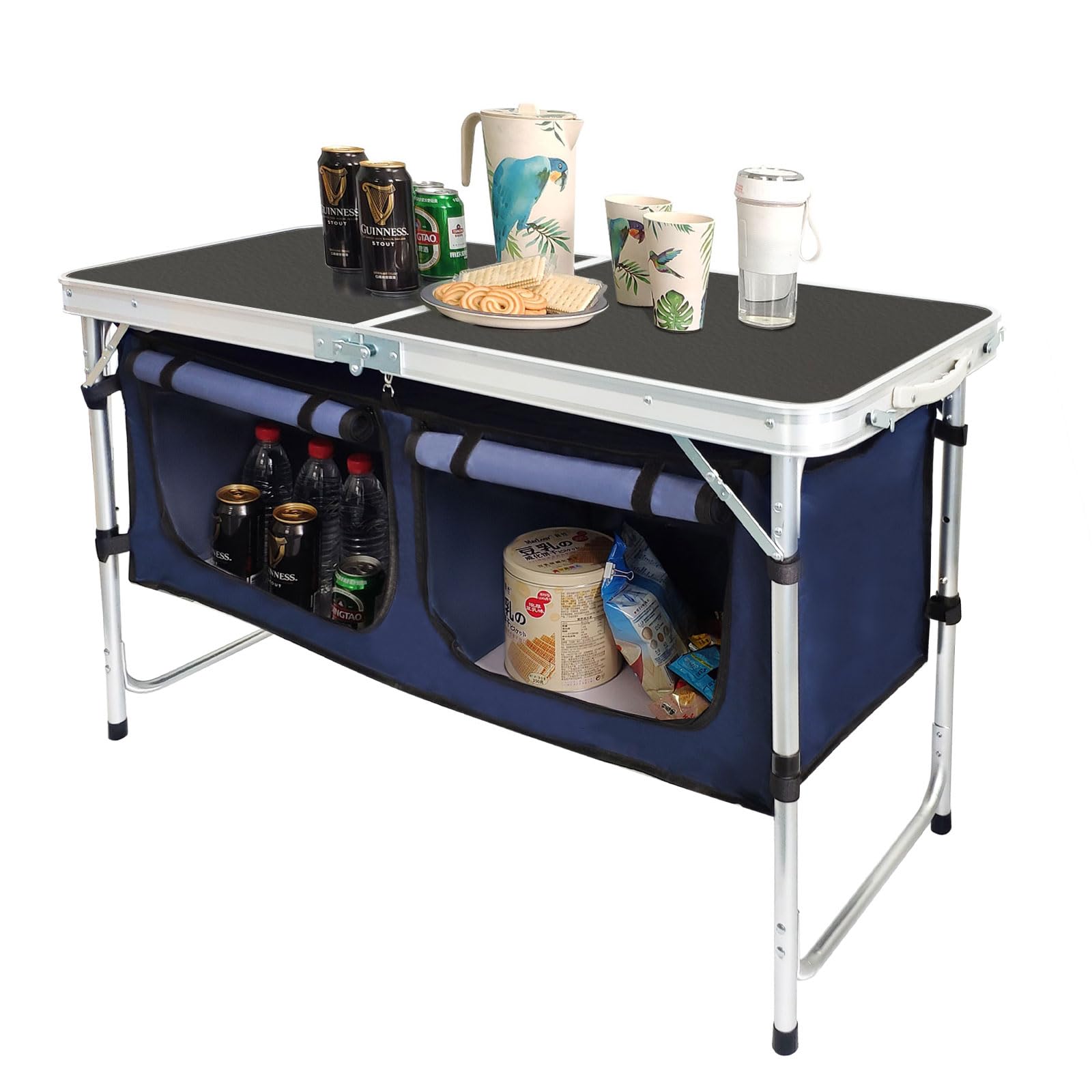 Height-Adjustable Aluminum Folding Camping Table with Storage
