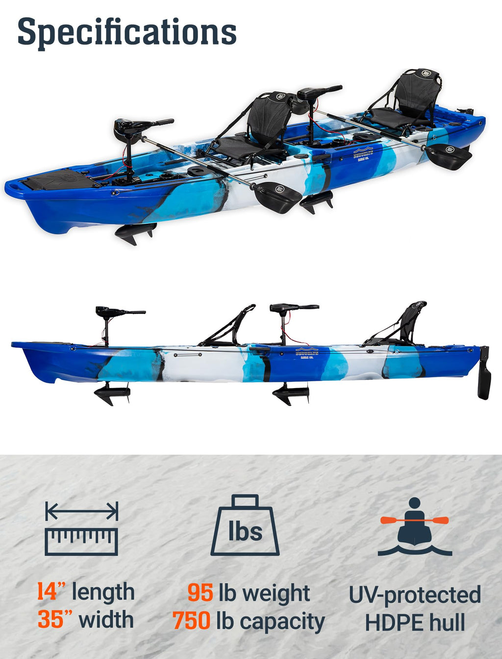 BKC Brooklyn 14.0 Pro Motorized Tandem Kayak, Trolling Motor