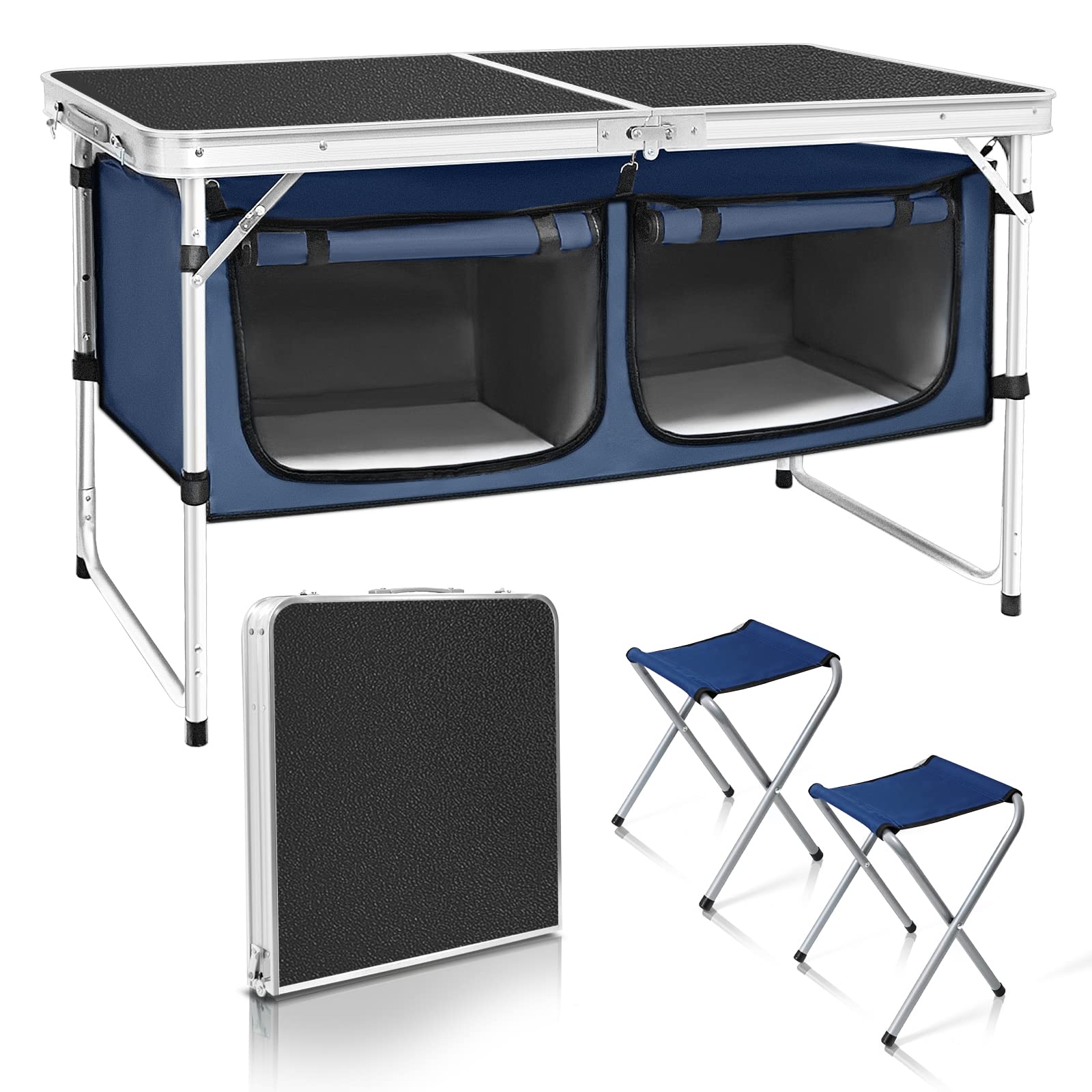 Height-Adjustable Aluminum Folding Camping Table with Storage