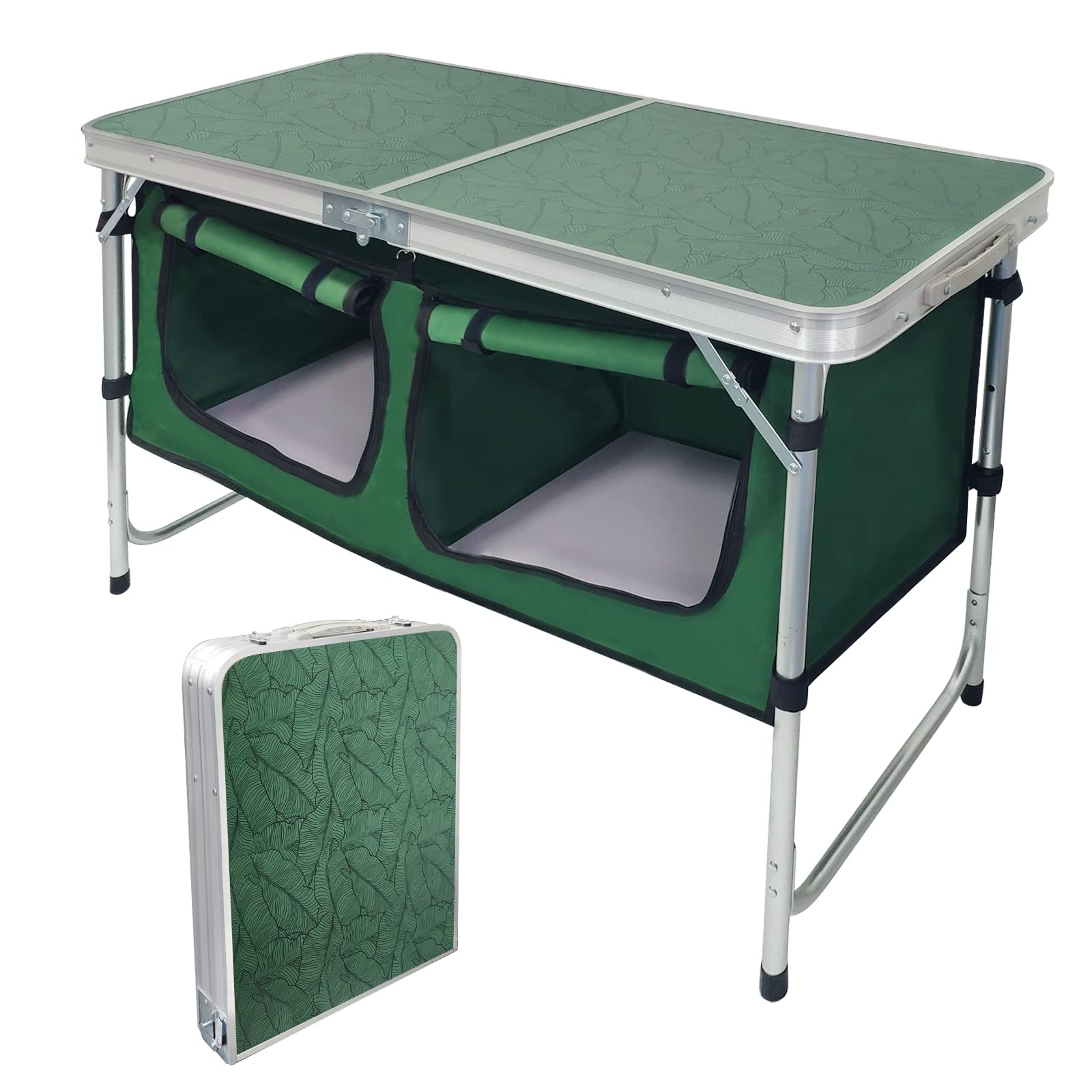 Height-Adjustable Aluminum Folding Camping Table with Storage