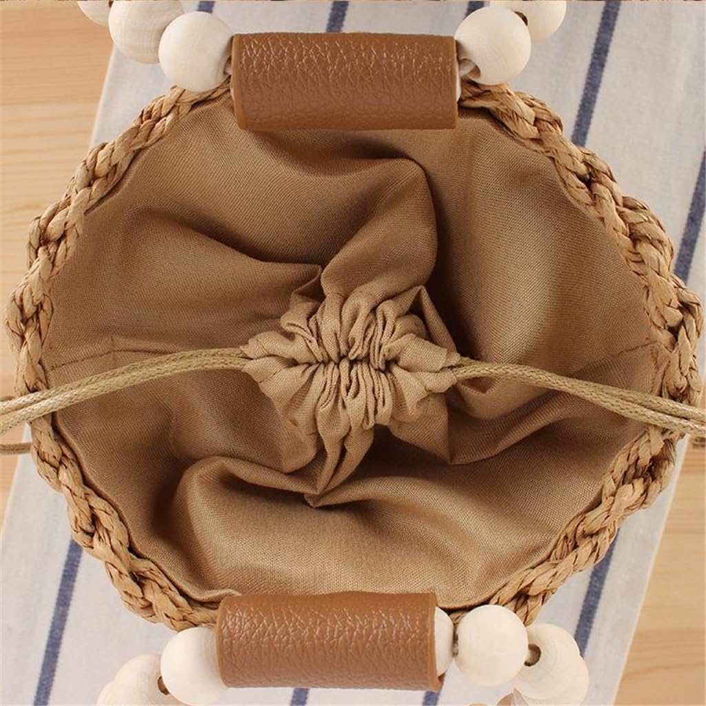 Wooden Bead Drawstring Bucket Beach Bag