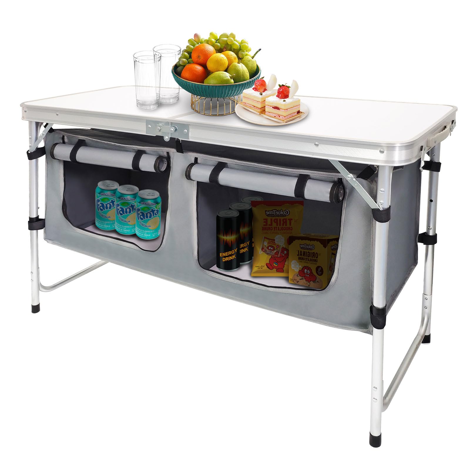 Height-Adjustable Aluminum Folding Camping Table with Storage