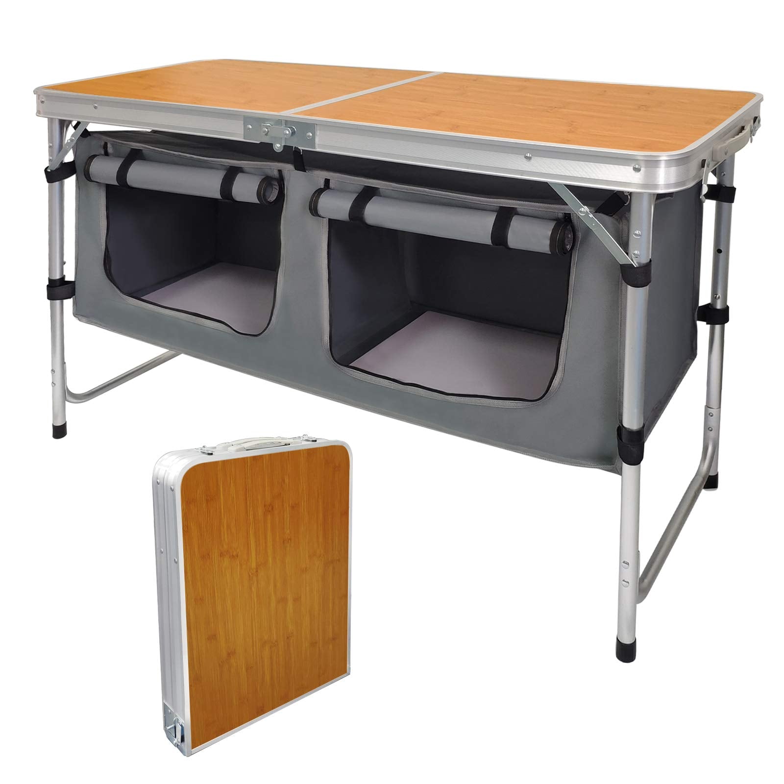 Height-Adjustable Aluminum Folding Camping Table with Storage