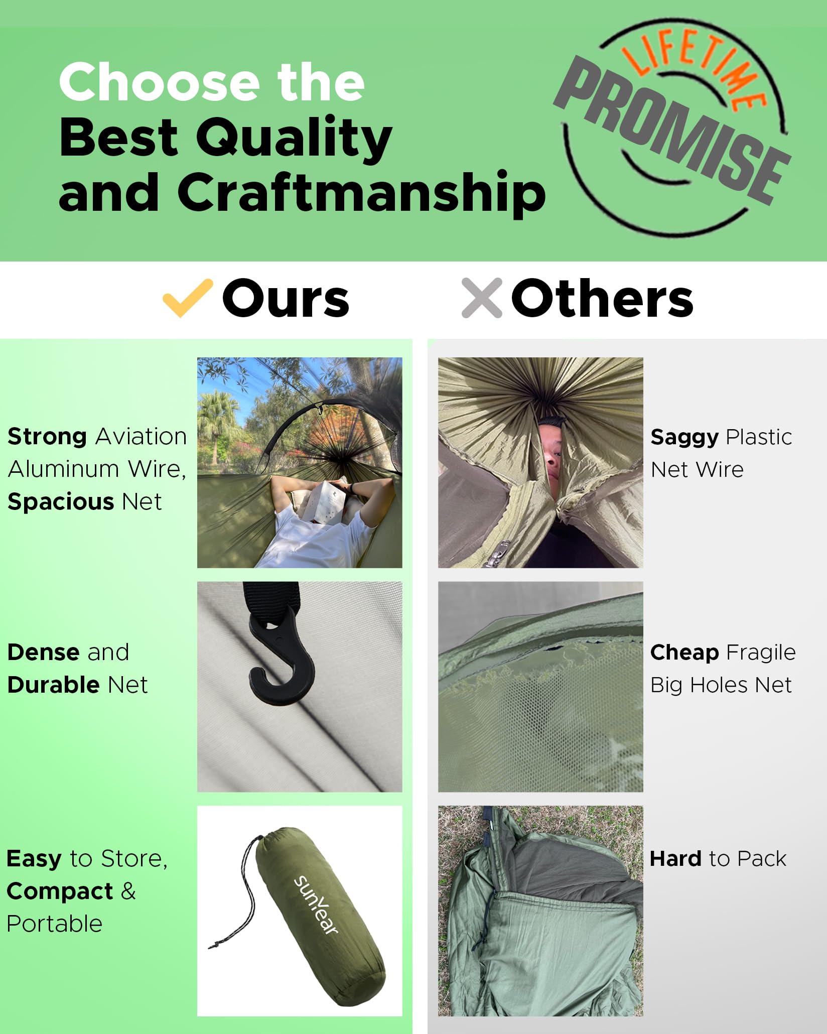 Sunyear Camping Hammock with Spacious Net, Single/Double,Outdoor&Indoor
