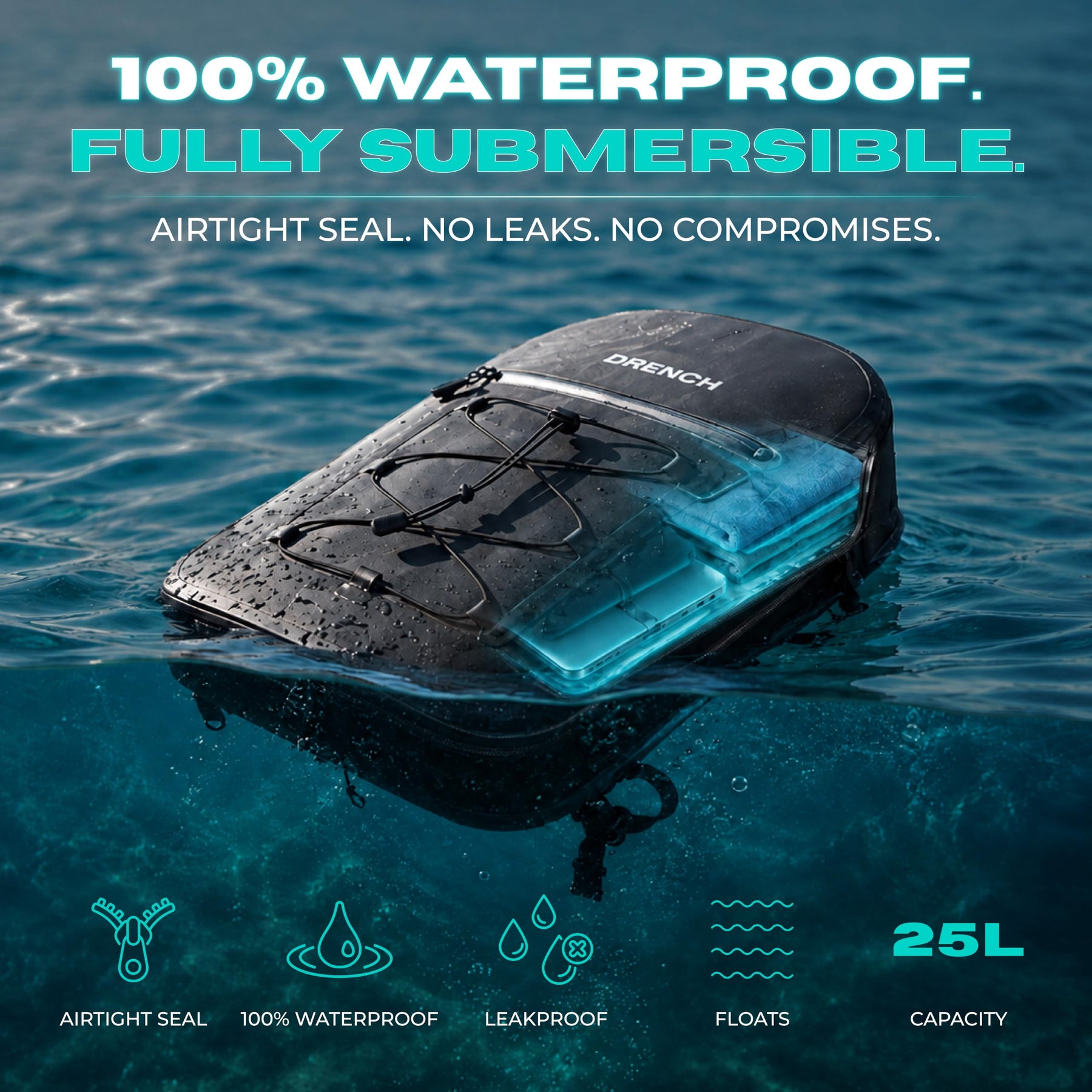 Drench Waterproof Backpack Set 25L with Dry Bag & Floating Phone Pouch