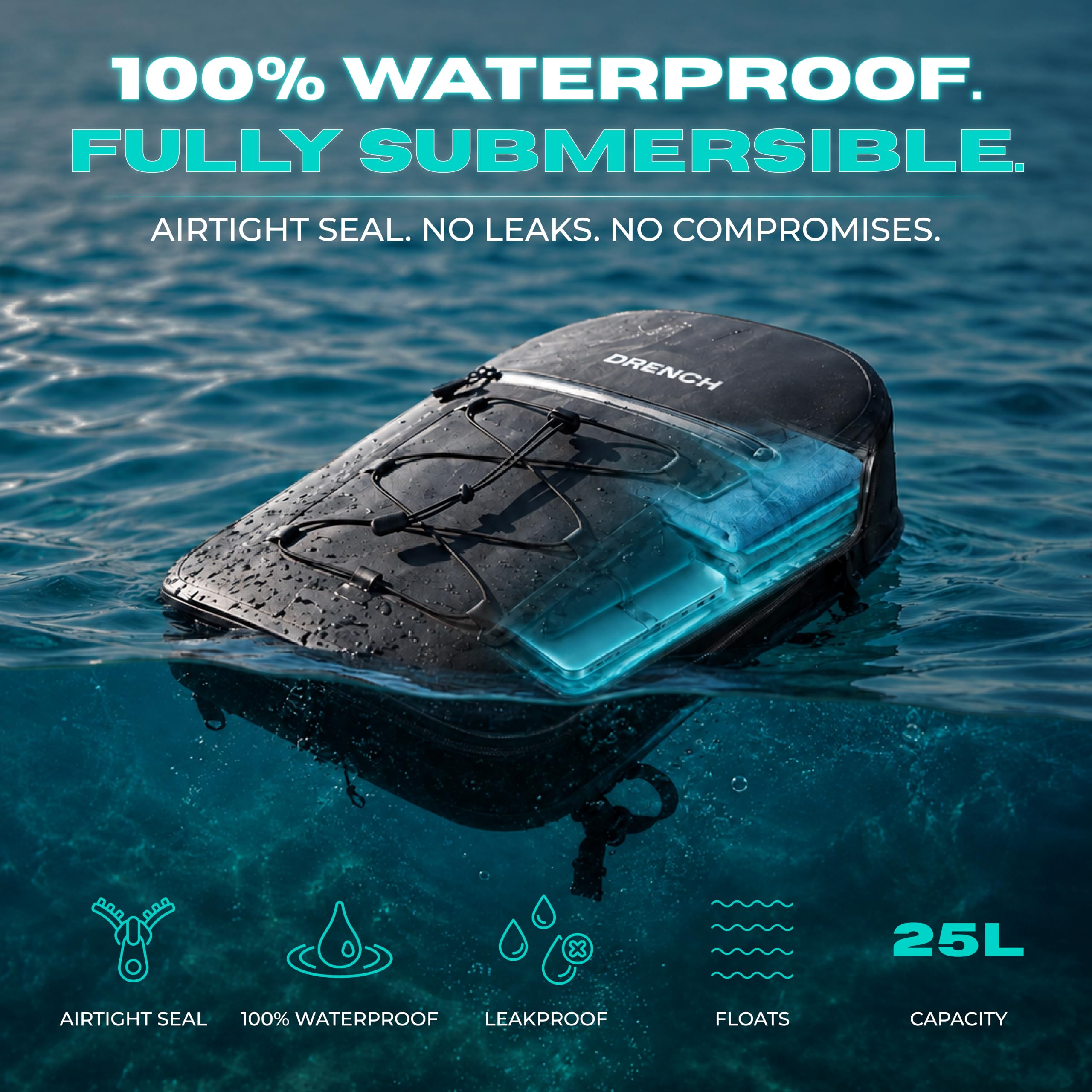 Drench Waterproof Backpack Set 25L with Dry Bag & Floating Phone Pouch