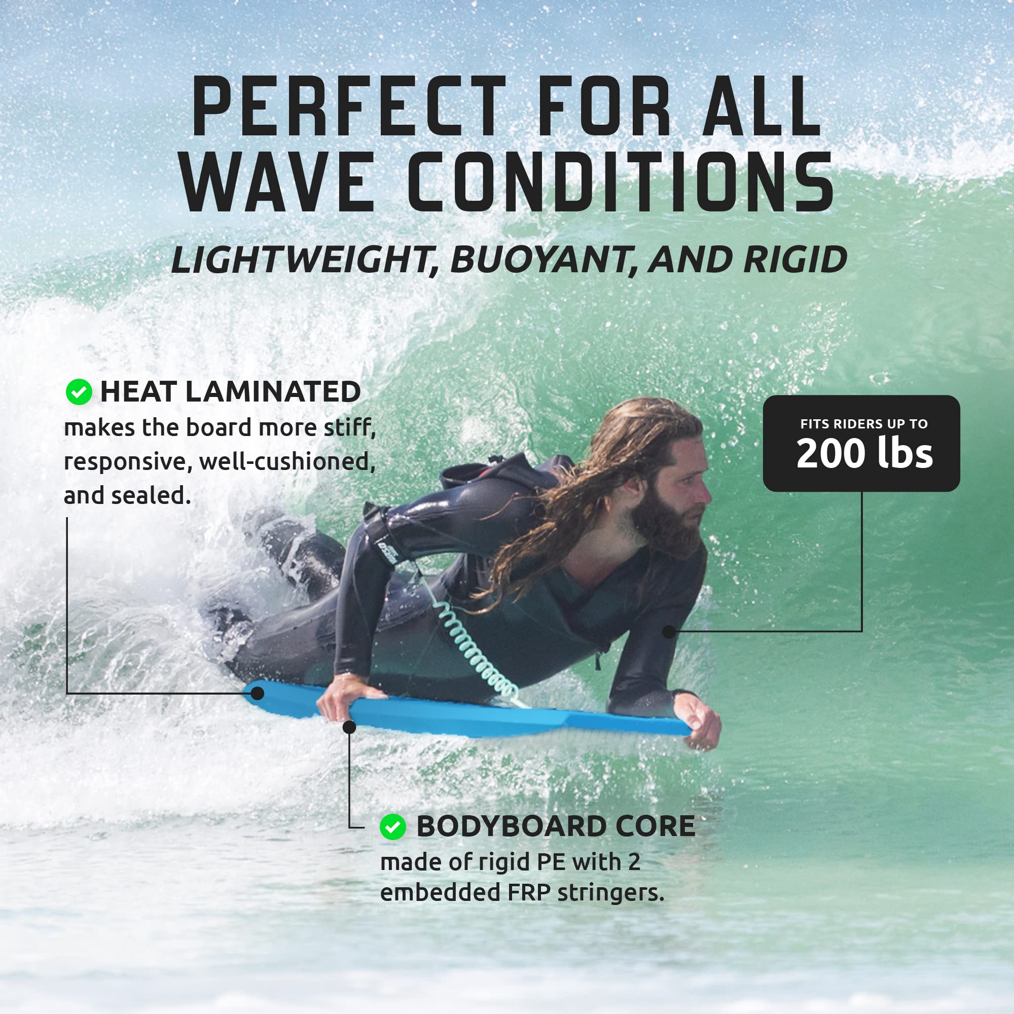 42-Inch Lightweight Bodyboard with Surf Leash & Carry Bag