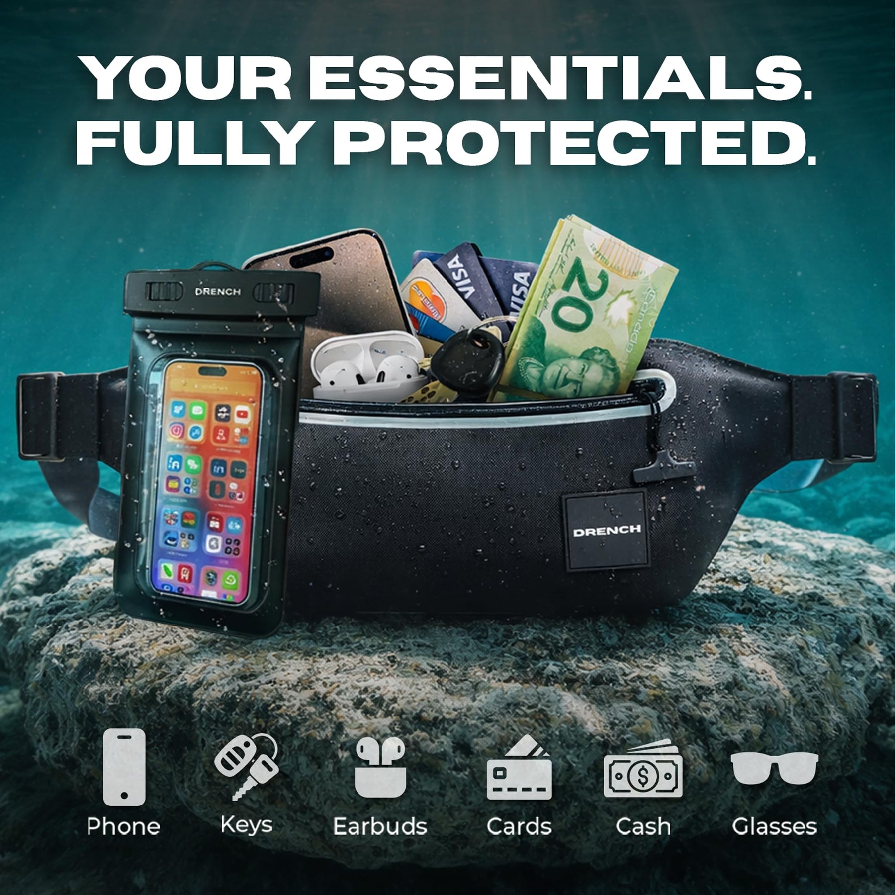 Drench Waterproof Backpack Set 25L with Dry Bag & Floating Phone Pouch