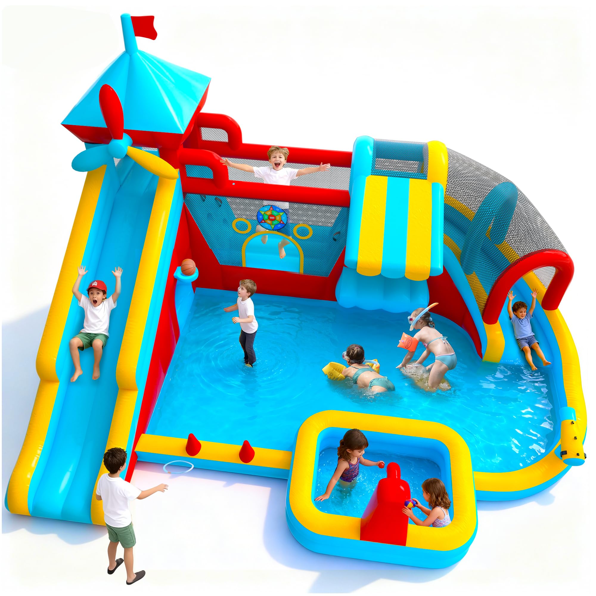 12-in-1 Inflatable Water Bounce House with Double Slide & Splash Pool