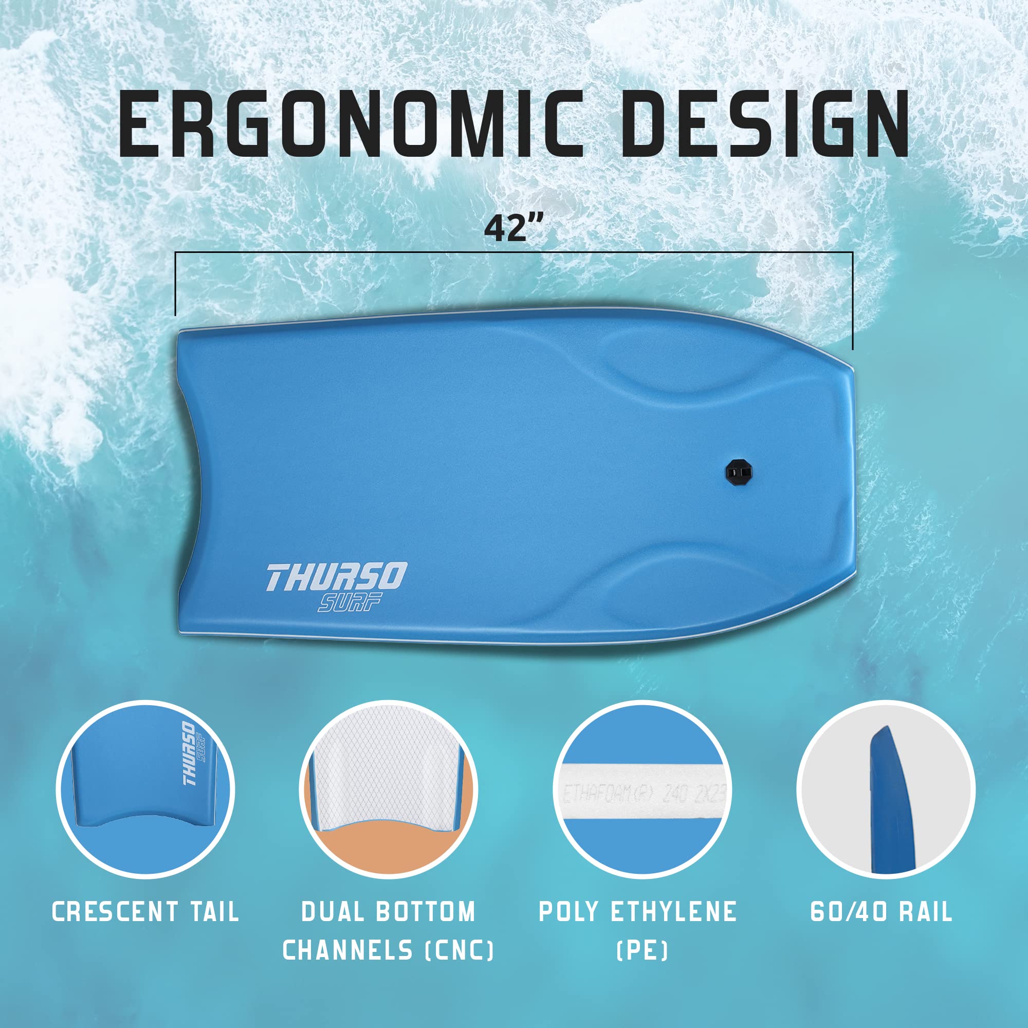 42-Inch Lightweight Bodyboard with Surf Leash & Carry Bag