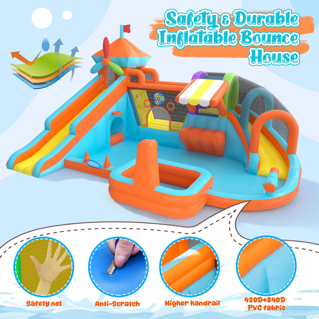 12-in-1 Inflatable Water Bounce House with Double Slide & Splash Pool