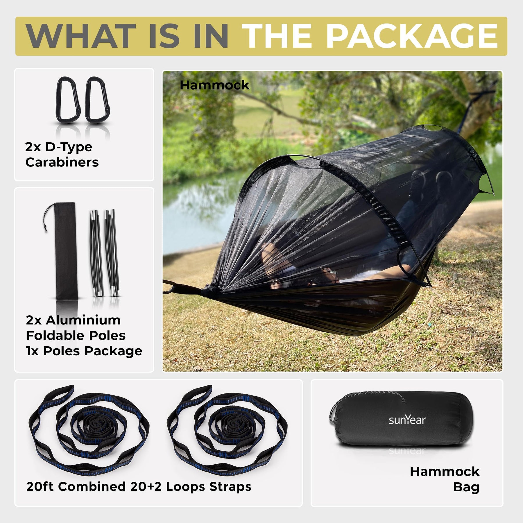 Sunyear Camping Hammock with Spacious Net, Single/Double,Outdoor&Indoor