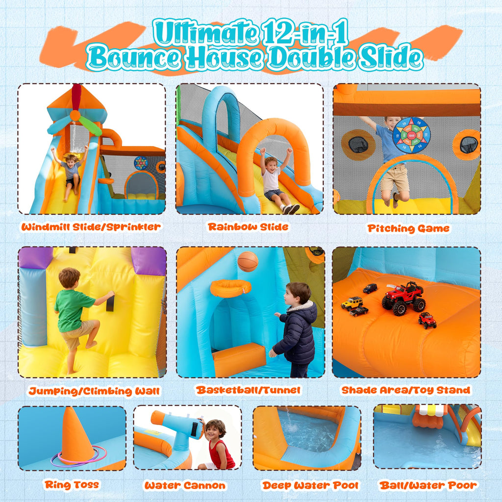 12-in-1 Inflatable Water Bounce House with Double Slide & Splash Pool