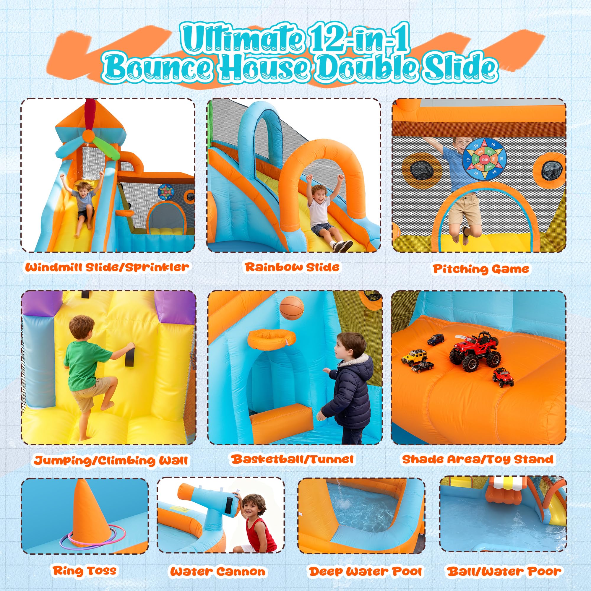 12-in-1 Inflatable Water Bounce House with Double Slide & Splash Pool