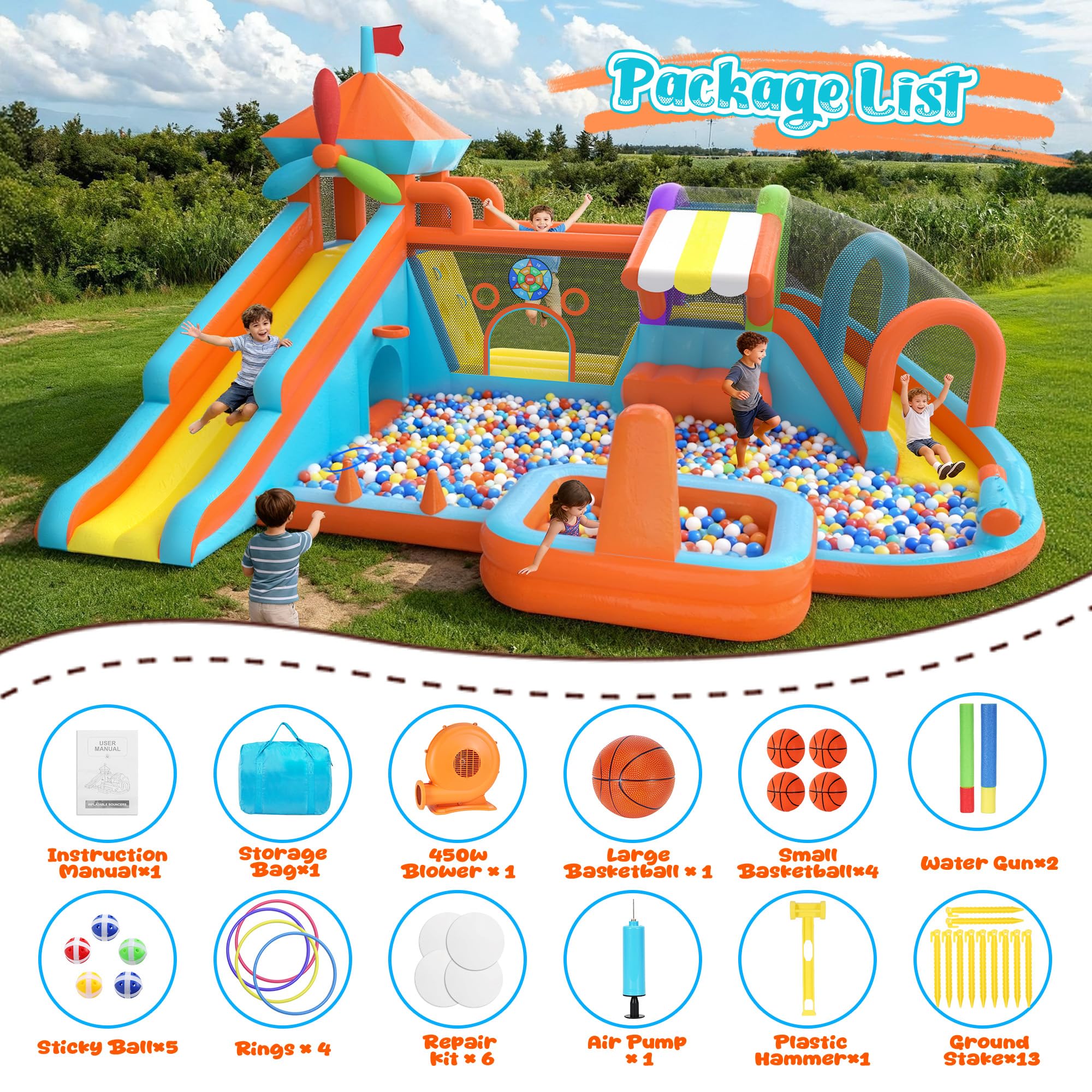 12-in-1 Inflatable Water Bounce House with Double Slide & Splash Pool