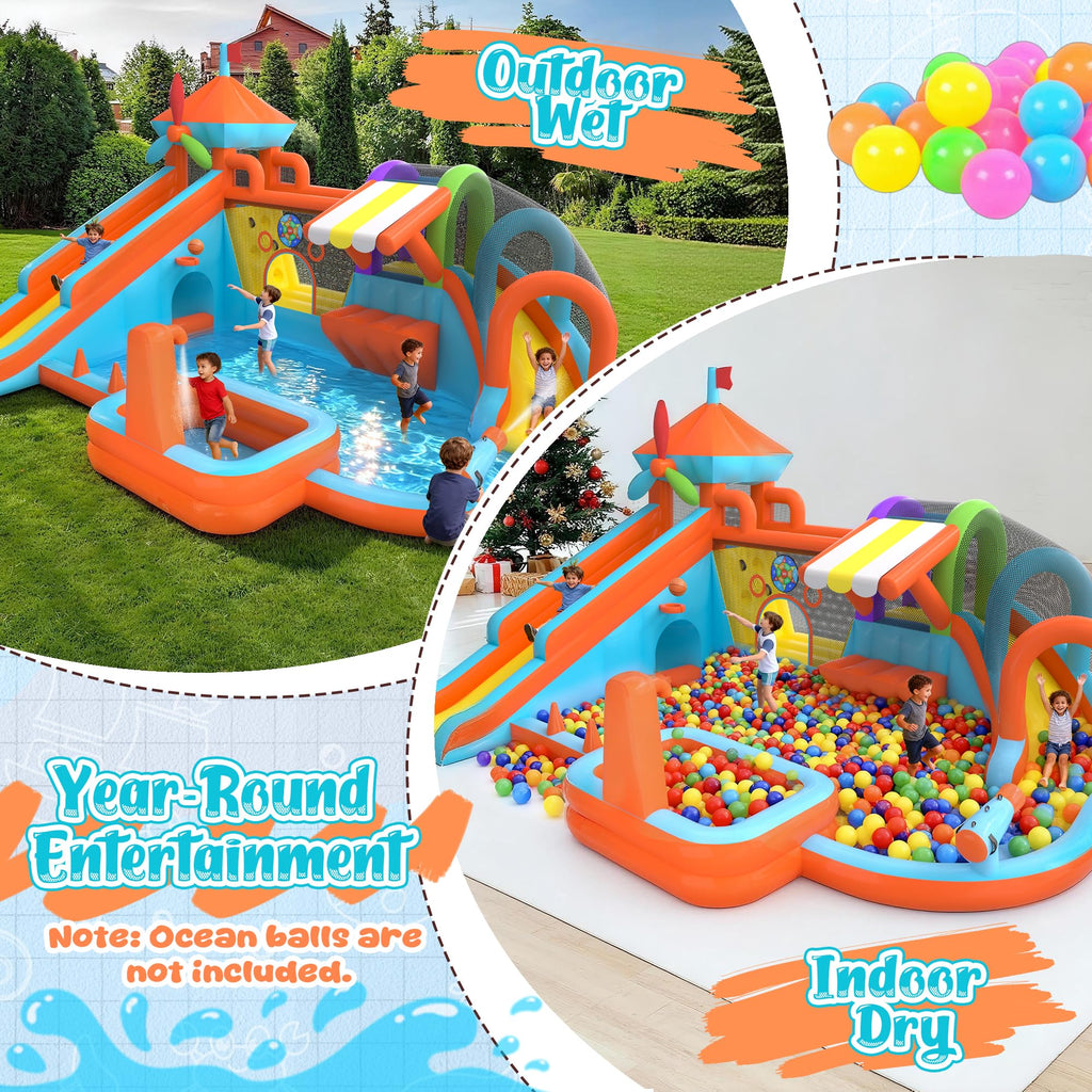12-in-1 Inflatable Water Bounce House with Double Slide & Splash Pool