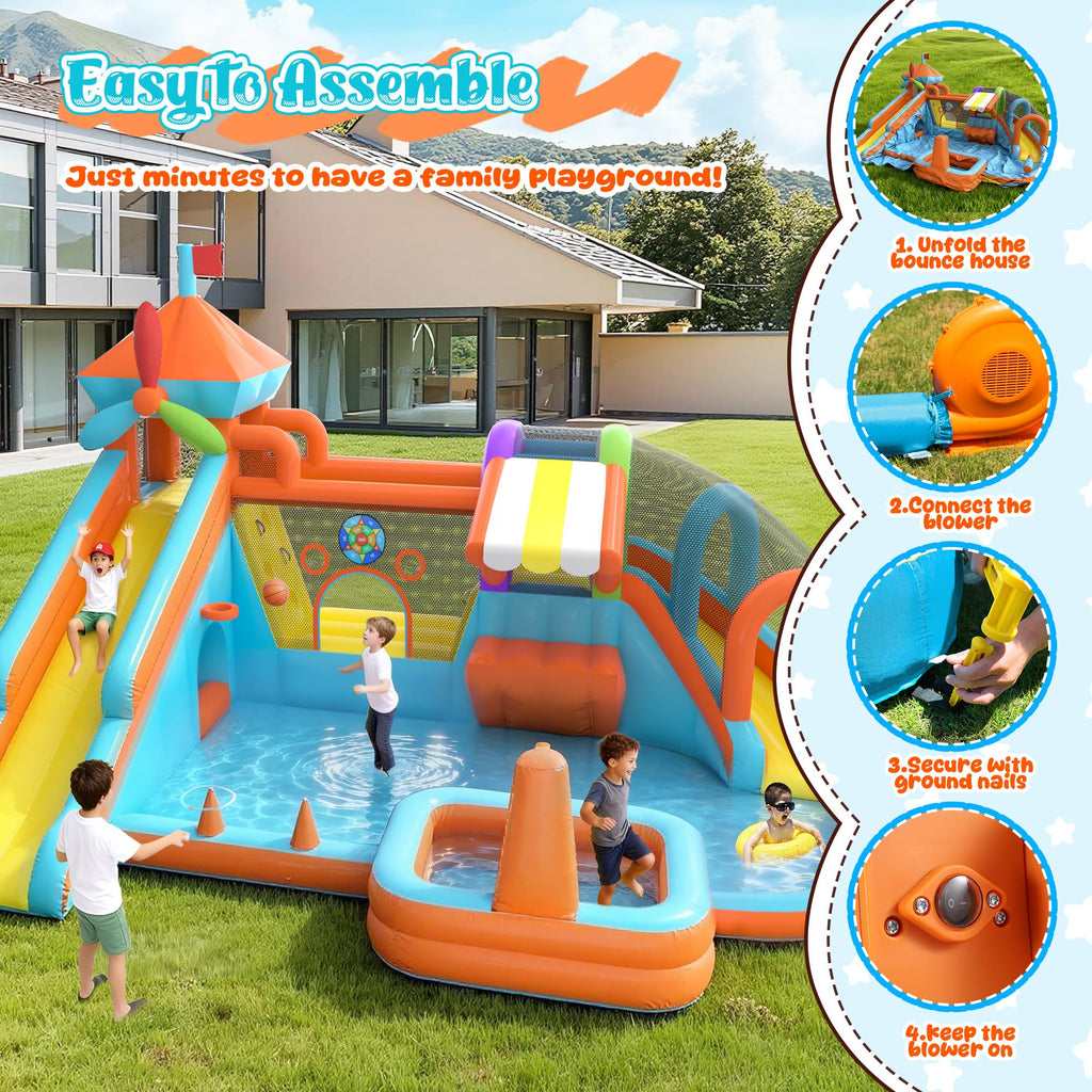 12-in-1 Inflatable Water Bounce House with Double Slide & Splash Pool