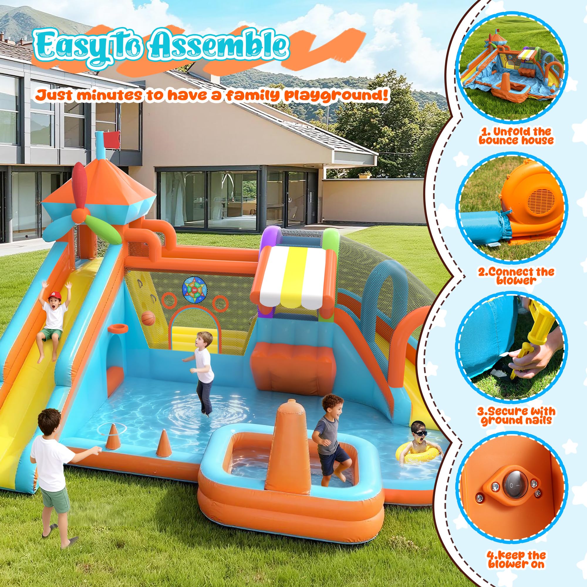 12-in-1 Inflatable Water Bounce House with Double Slide & Splash Pool